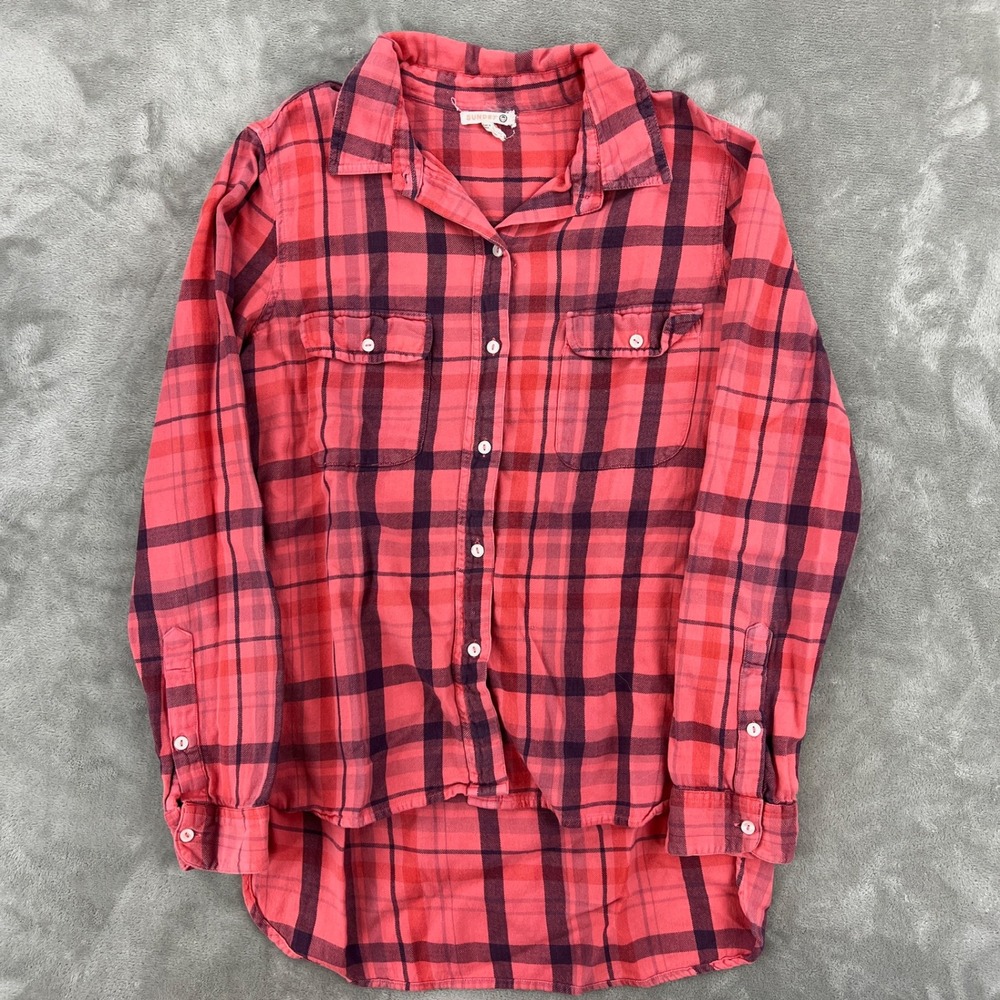 Sundry Womens Pink Purple Plaid Cotton Button Down Shirt High Low Hem Size 1